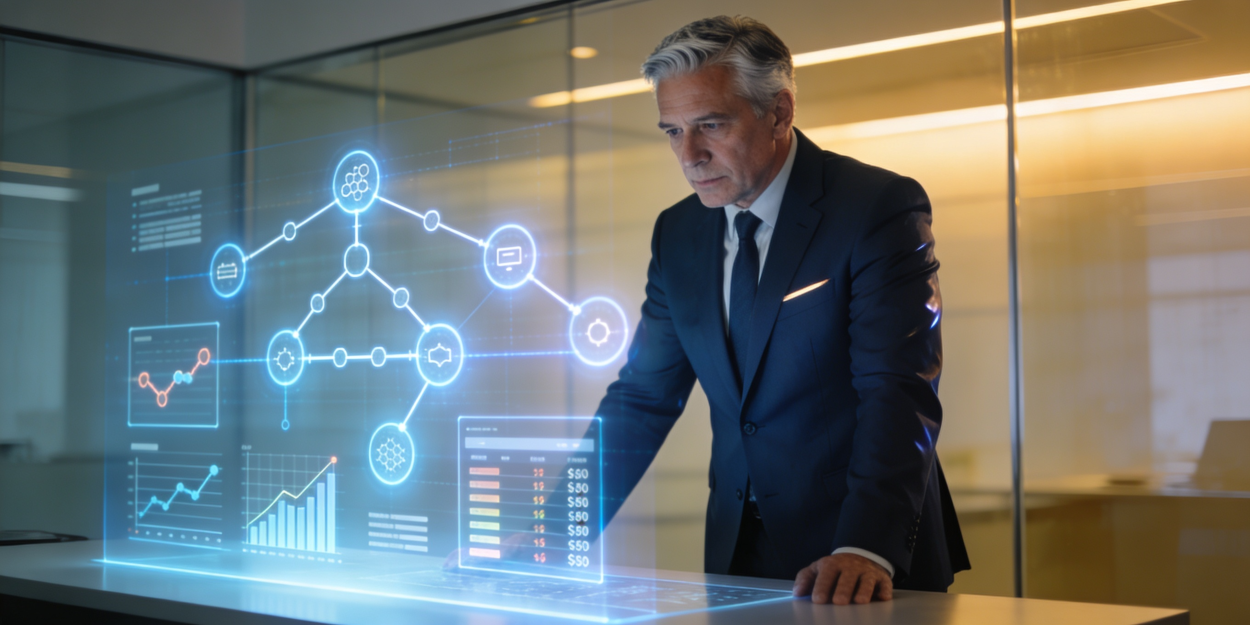 Consultor senior de Logosoft analizando datos holográficos de control de sucursales para cadenas de retail y estudios contables, representando el orden que hace crecer.