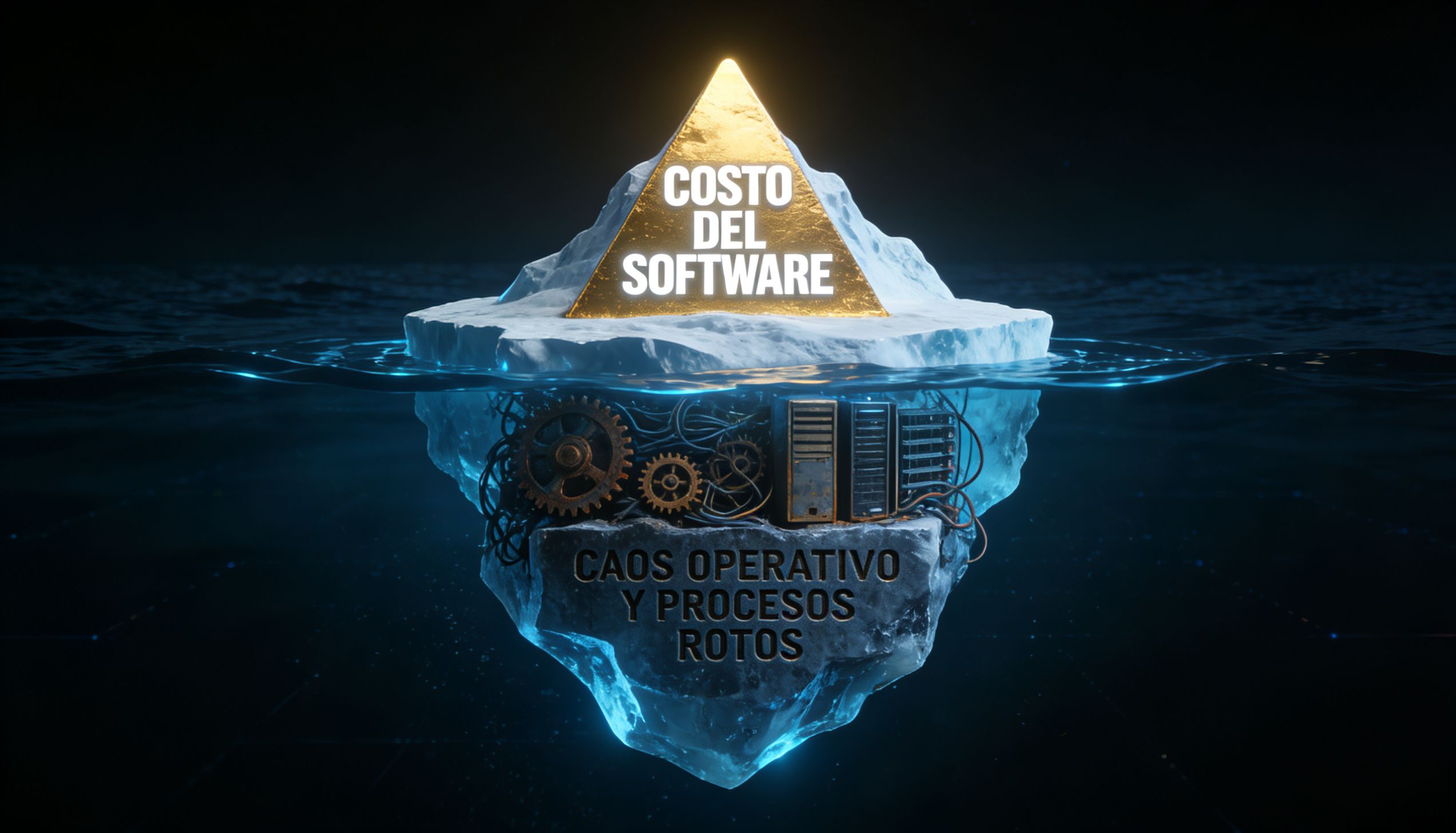 Gráfico conceptual de un iceberg digital que muestra el costo visible del software y la base oculta del caos operativo y procesos rotos en una empresa