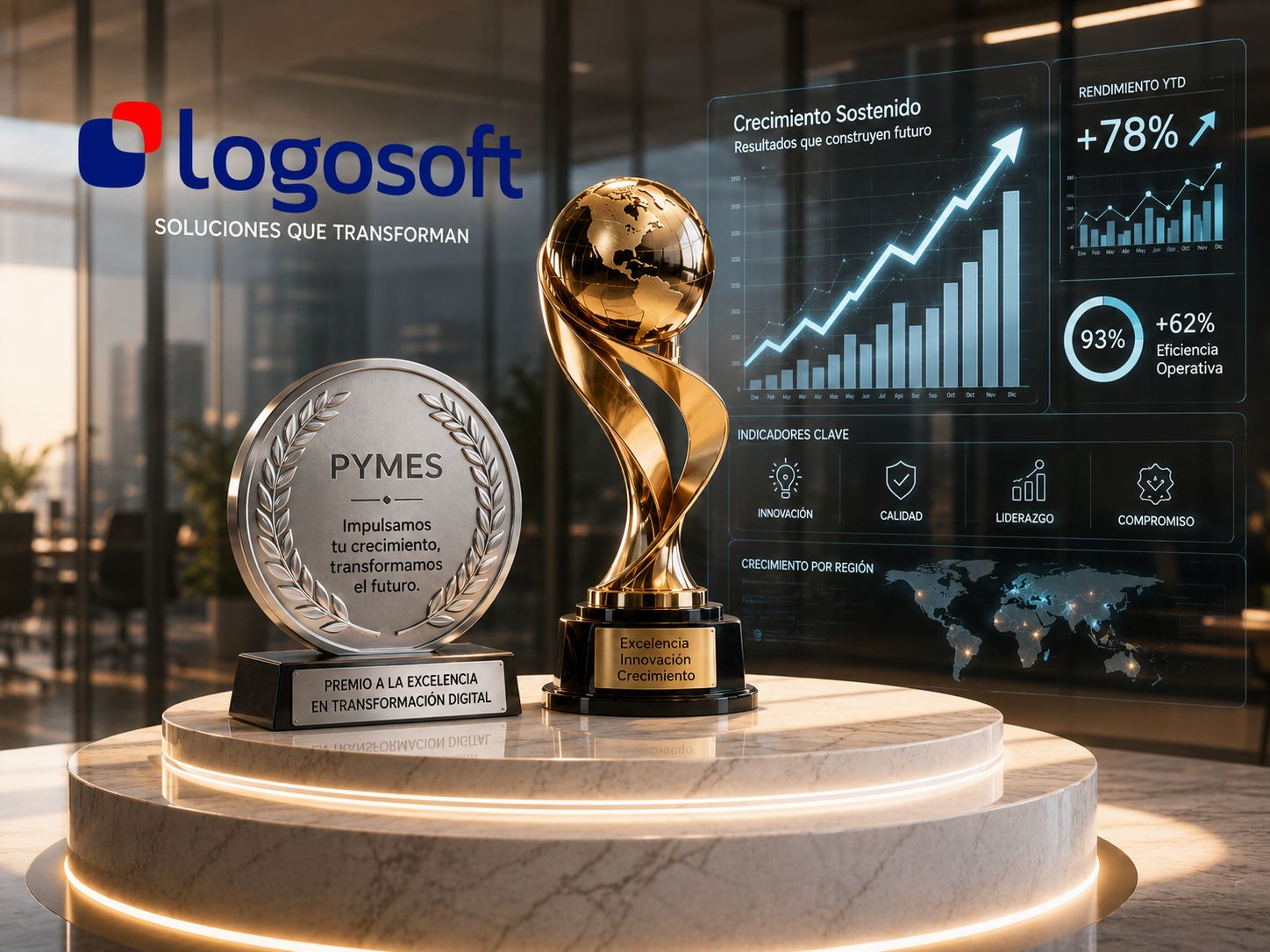 Medalla de plata y trofeo de oro en un podio corporativo junto a una pantalla con gráficos de ventas en Zoho CRM, representando el crecimiento de las PYMES.